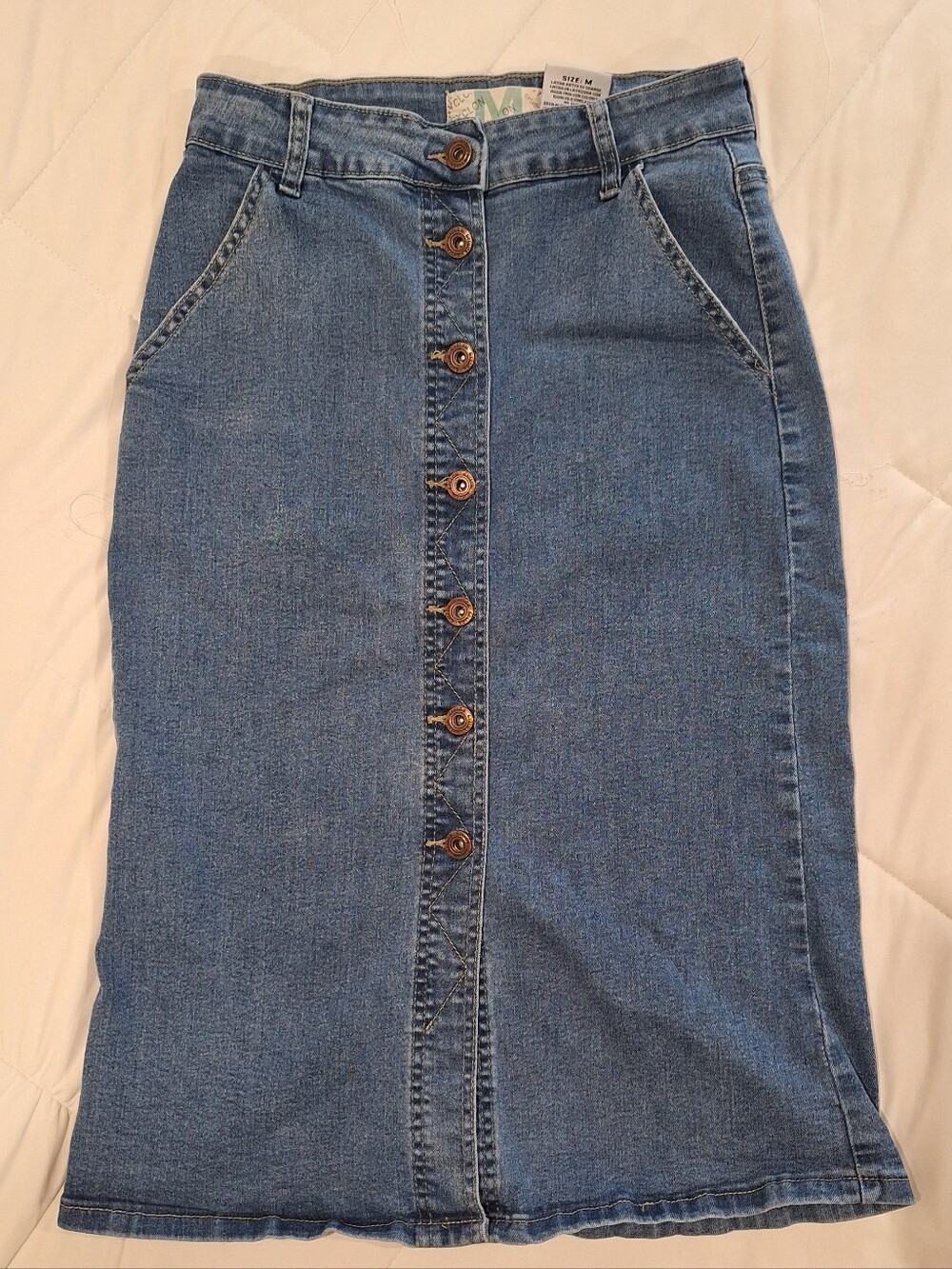 Blue Denim Button-Front Midi Skirt